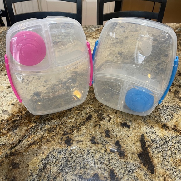 Set of TWO BLUE PINK Sistema Triple Split Lunch Boxes 2L 4 PC Set Each 8 Pieces - Picture 1 of 13